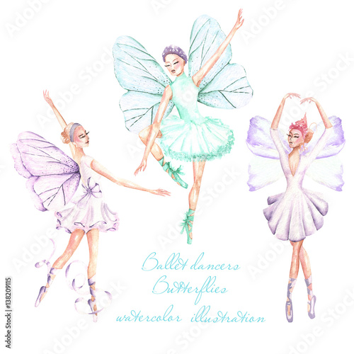 Set, collection of watercolor ballet dancers with butterfly wings illustrations, hand drawn isolated on a white background