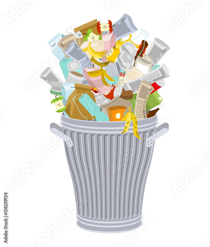 Trash can with Rubbish isolated. Wheelie bin with Garbage on white background. Dumpster iron. peel from banana and stub. Tin and old newspaper. Bone and packaging. Crumpled paper and plastic bottle