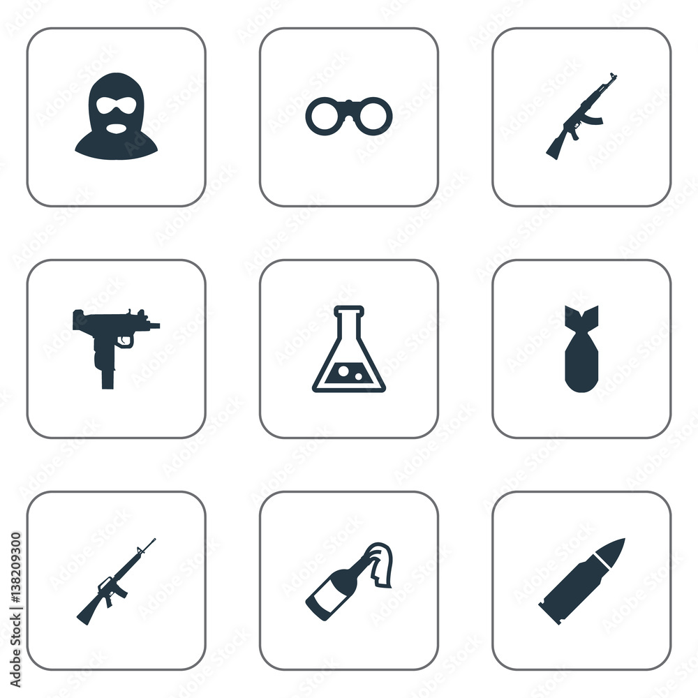 Set Of 9 Simple Terror Icons. Can Be Found Such Elements As Kalashnikov