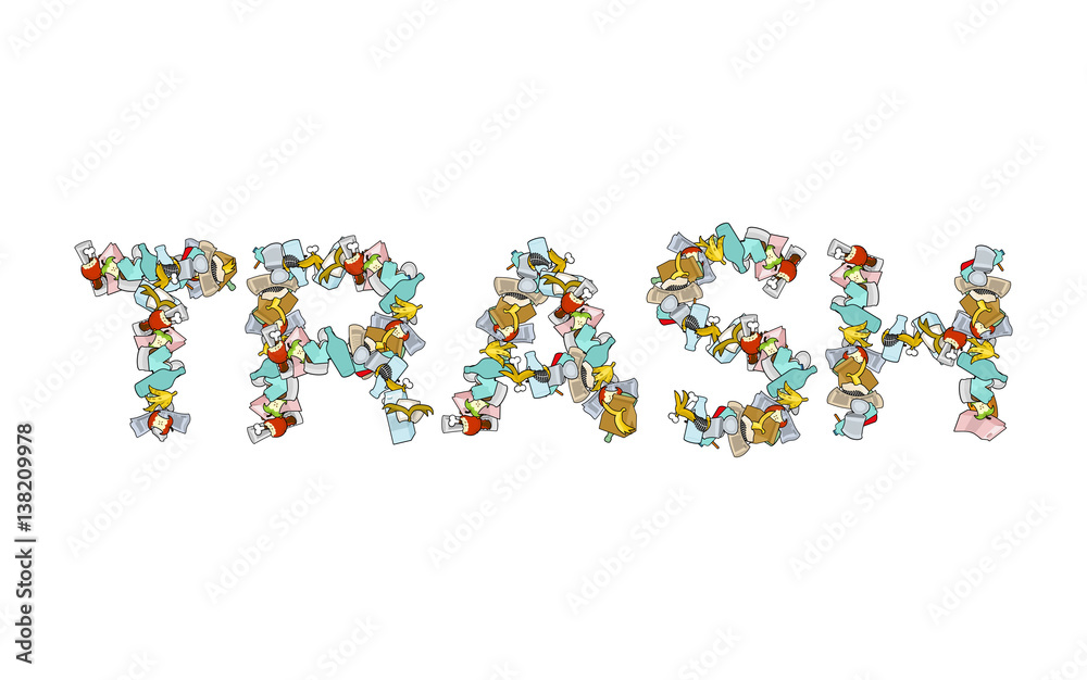 trash typography. Rubbish Lettering. Letters from garbage. peel from banana and stub. Tin and newspaper. Bone and packaging. Crumpled paper and plastic bottle trash typography. Rubbish Lettering. Letters from garbage. peel from banana and stub. Tin and newspaper. Bone and packaging. Crumpled paper and plastic bottle