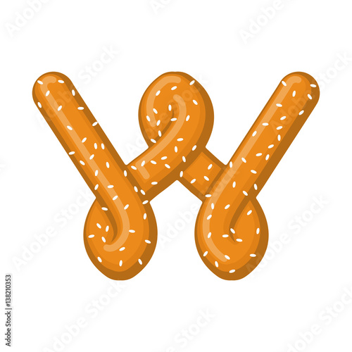 Letter W pretzel. snack font symbol. Food alphabet sign. Traditional German meal is ABC. Bake