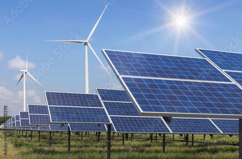 solar cells photovoltaics  and wind turbines generating electricity in  power station alternative energy from nature  Ecology concept.   