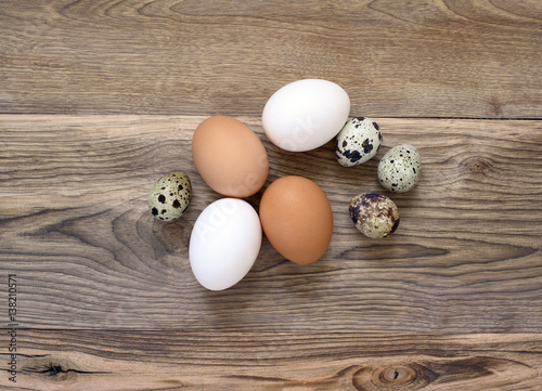 Chicken and quail eggs on wood background