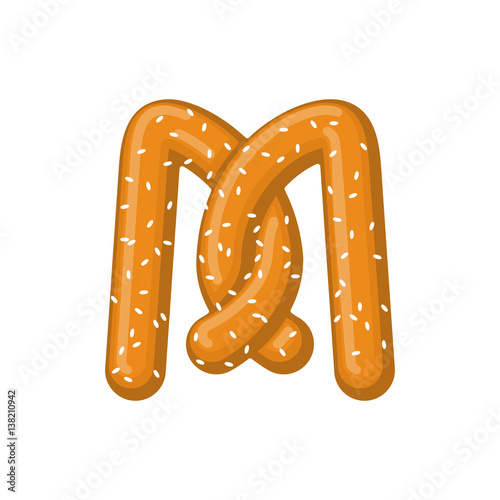 Letter M pretzel. snack font symbol. Food alphabet sign. Traditional German meal is ABC. Bake