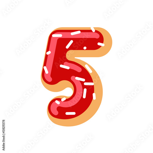 Number 5 donut. Doughnut font five. Sweet alphabet. candy lettering. food ABC sign