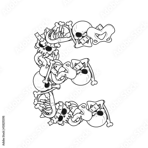 Letter E skeleton Bones Font. Anatomy of an alphabet symbol. dead ABC sign