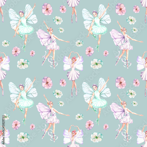 Seamless pattern with watercolor ballet dancers with butterfly wings and flowers  hand drawn isolated on a blue background