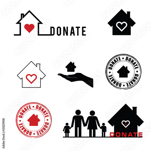 donate icon with house and grunge rubber illustration