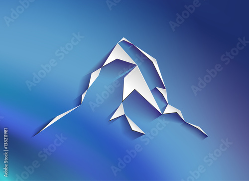 Web logo of  mountains peak (Matterhorn) with shadows. Can be used as sports badge, emblem of mineral water, tourism banner, travel icon, sign, decor... Blue background. photo