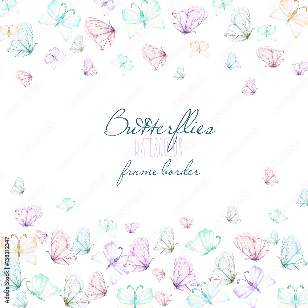 Card template, postcard with watercolor tender butterflies, hand drawn on a white background, invitation, greeting card, wedding design Card template, postcard with watercolor tender butterflies, hand drawn on a white background, invitation, greeting card, wedding design