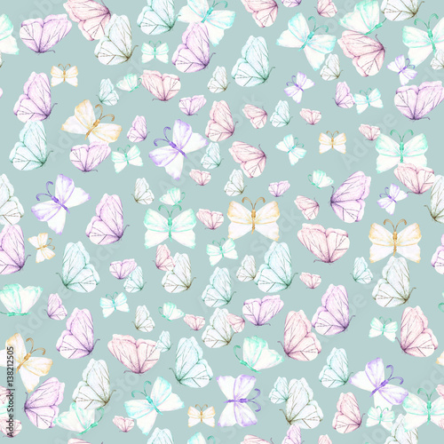 Seamless pattern with watercolor tender butterflies, hand drawn on a blue background