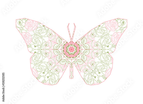 Silhouette of butterfly with circular ornament like spiderweb in red and black tones. Floral mandala art.
