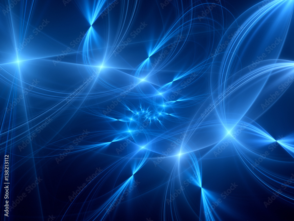 Blue glowing spiral intersections in space, computer generated abstract background, 3D render