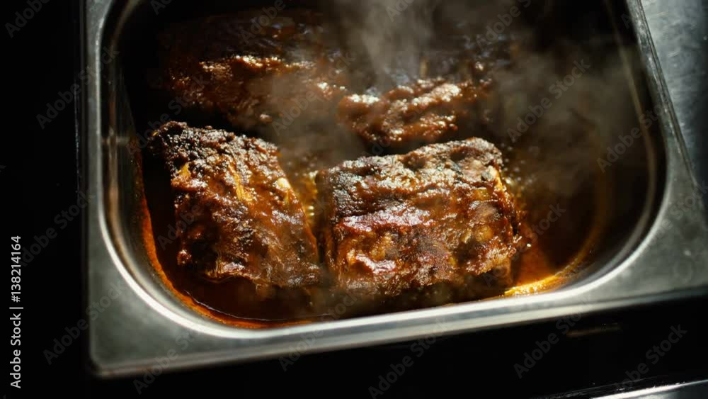 Hot meat dishes with pork ribs with gravy boiling sauce at restaurant kitchen Hot meat dishes with pork ribs with gravy boiling sauce at restaurant kitchen