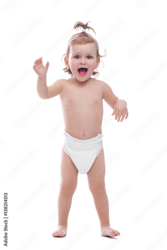 Happy kid in pampers shouting and playing in studio. Happy kid in pampers shouting and playing in studio.