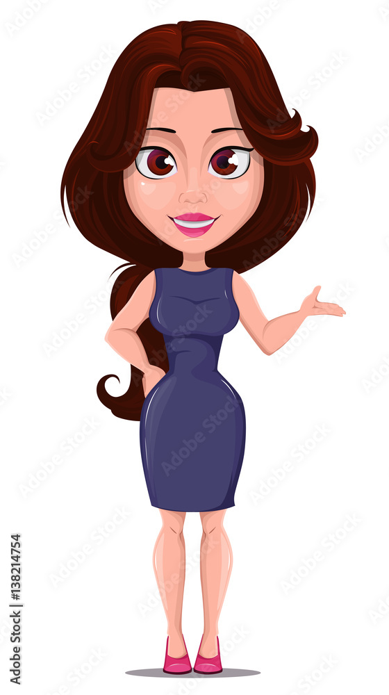 Businesswoman cartoon character for design, animation. Modern beautiful  business woman in dark purple dress. Cute office manager with fashionable  hairstyle and big eyes showing something. Vector. Stock Vector | Adobe Stock