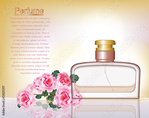 Perfume cosmetics and perfume ads template. Silver bottle sparkling backgroun...