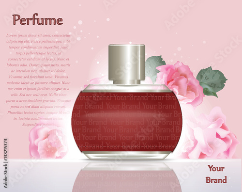 Perfume cosmetics and perfume ads template. Silver bottle sparkling backgroun...