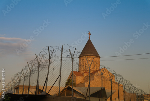 Armenian church behind barbed wire, Baghdad, Iraq