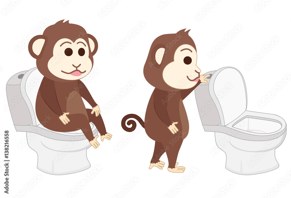 Monkey sitting on the toilet and flush toilet Stock Vector | Adobe Stock
