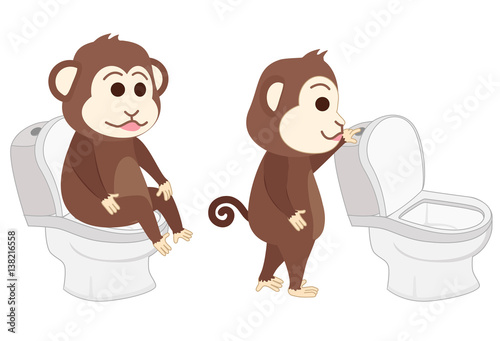 Monkey sitting on the toilet and flush toilet
