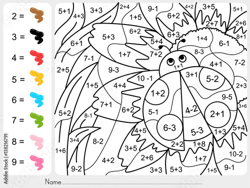 Paint color by numbers - addition and subtraction worksheet for education