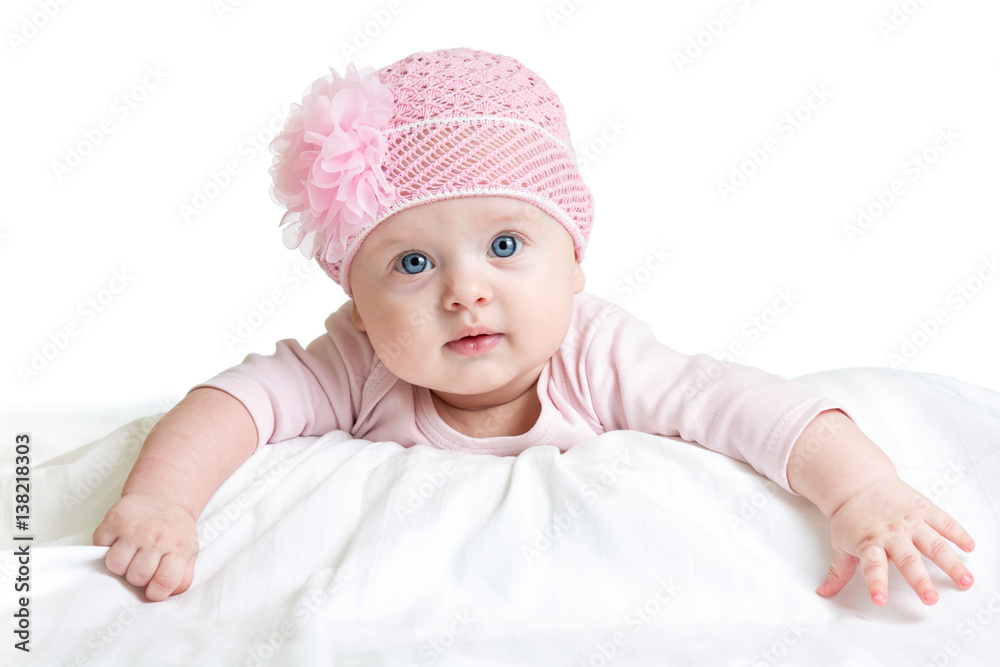 Portrait of three months old adorable baby girl wearing pink hat Portrait of three months old adorable baby girl wearing pink hat