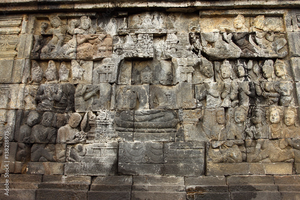 Relief of Borobudur temple in Yogyakarta, Java, Indonesia/Borobudur temple stupas near Yogyakarta, Java, Indonesia