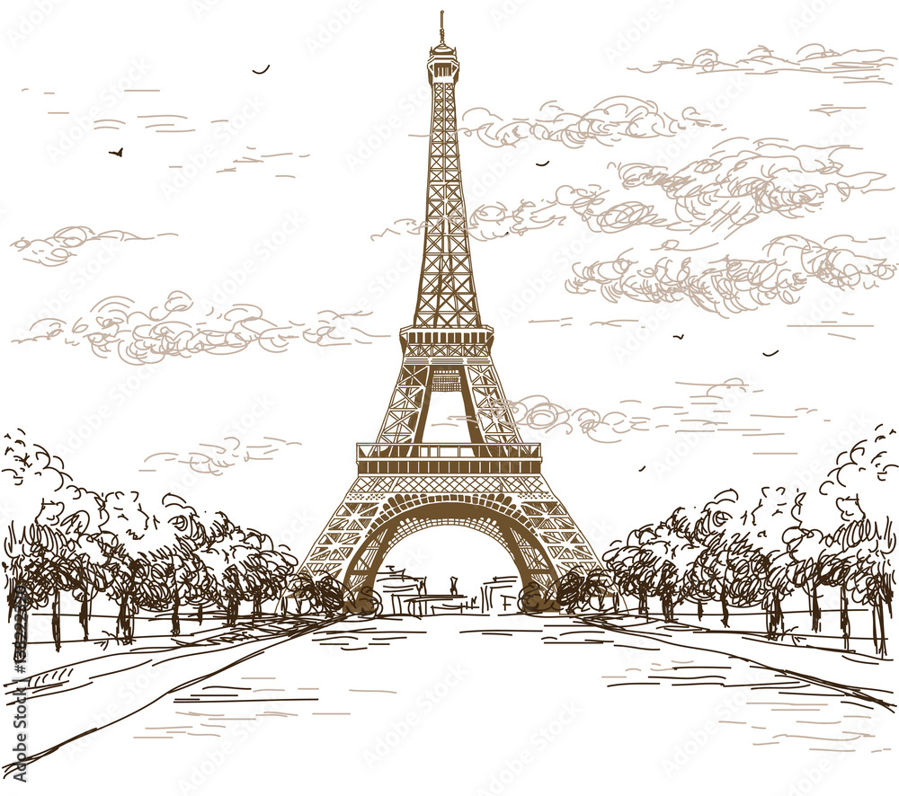Landscape with Eiffel tower in brown colors on white background