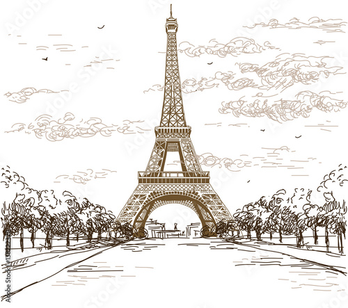 Fototapeta Naklejka Na Ścianę i Meble -  Landscape with Eiffel tower in brown colors on white background