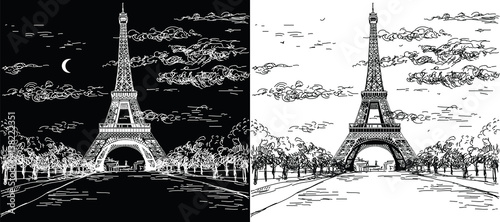 Night and day landscape with Eiffel tower in black and white colors