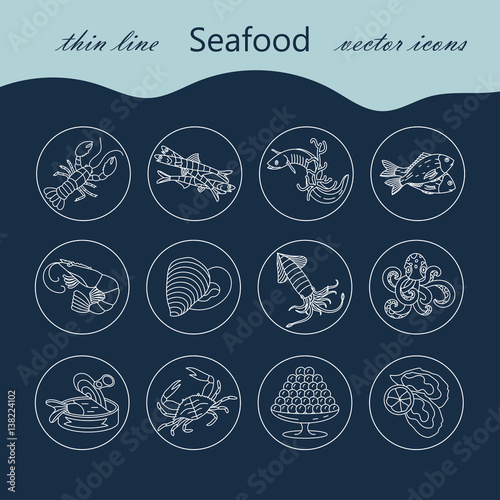 Seafood thin line vector icons set.