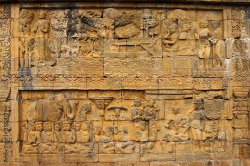 Relief of Borobudur temple in Yogyakarta, Java, Indonesia/Borobudur temple stupas near Yogyakarta, Java, Indonesia