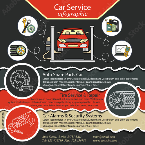 Car repair infographics. Cat service and Tire infographic.