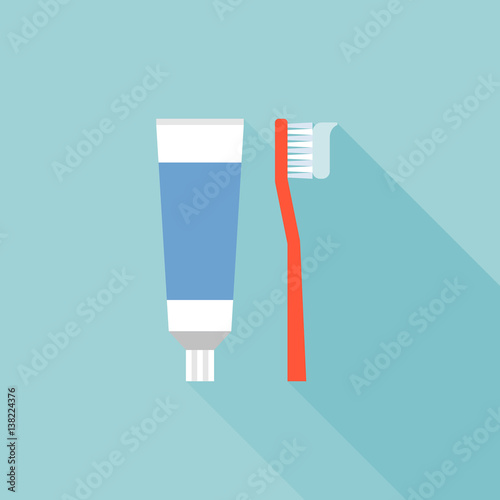 Toothbrush and toothpaste icon, flat design vector