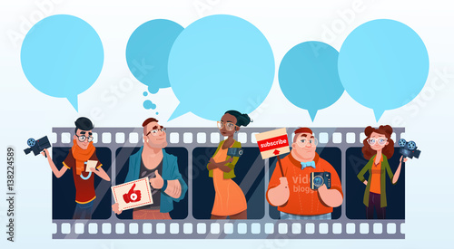 People Group Video Blogger Online Stream Blogging Subscribe Concept Flat Vector Illustration