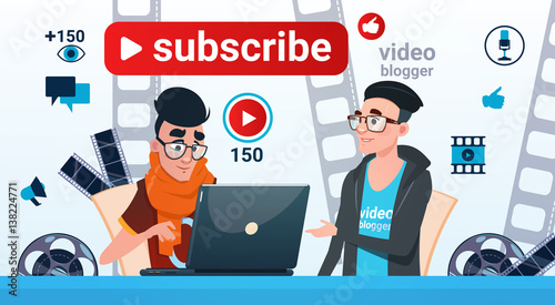 Man And Woman Video Blogger Online Stream Blogging Subscribe Concept Flat Vector Illustration