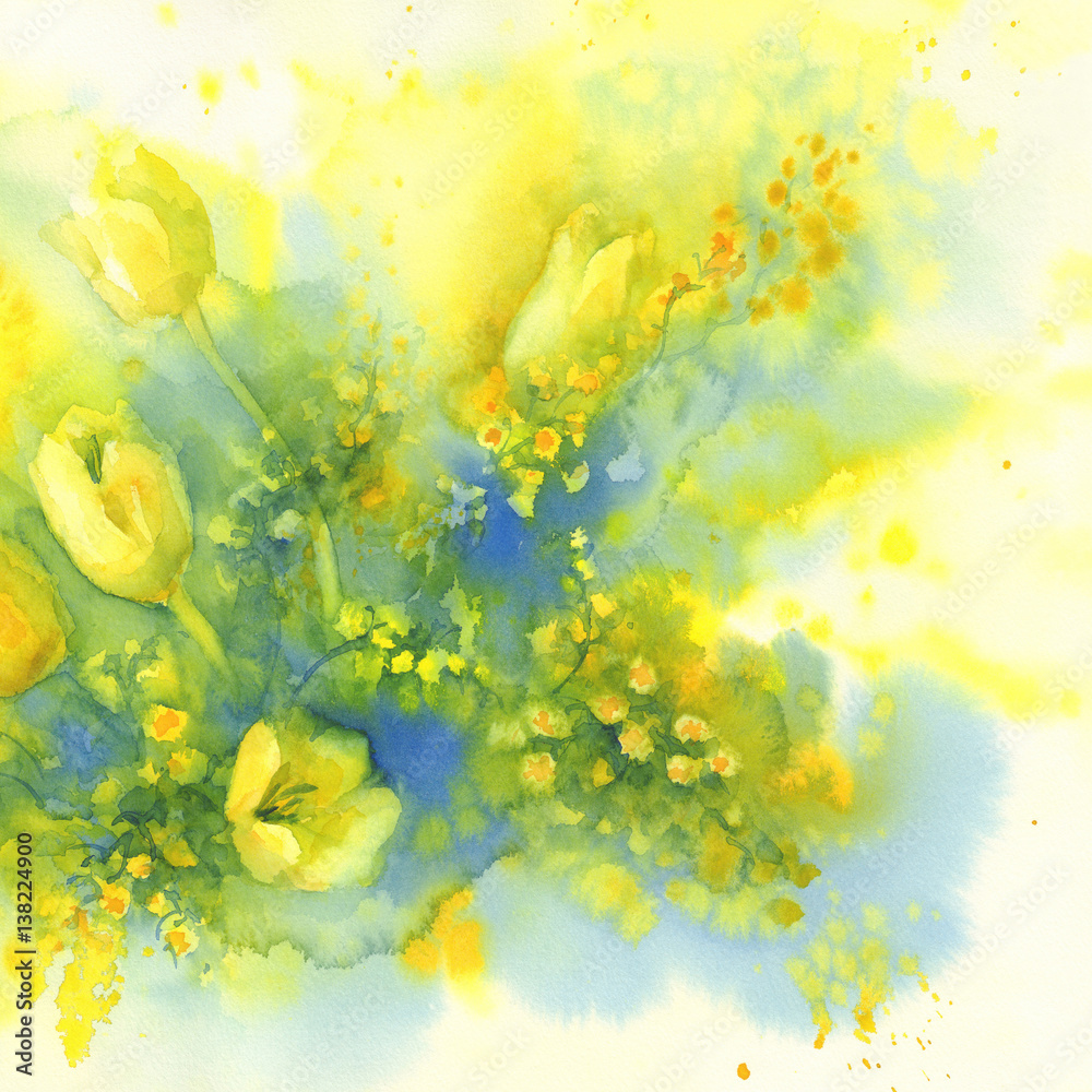 tulips and mimosa flower watercolor