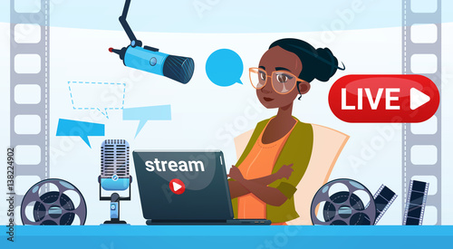 Woman Video Blogger Online Stream Blogging Subscribe Concept Flat Vector Illustration