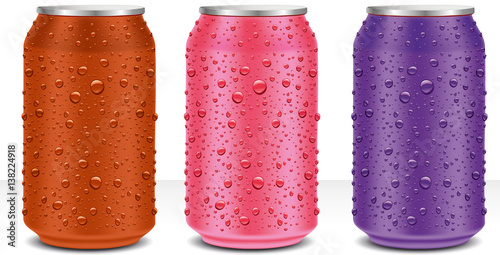 Aluminum Cans in red,green,blue with fresh water drops