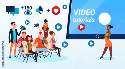 People Group Video Blogger Online Stream Blogging Subscribe Concept Flat Vector Illustration