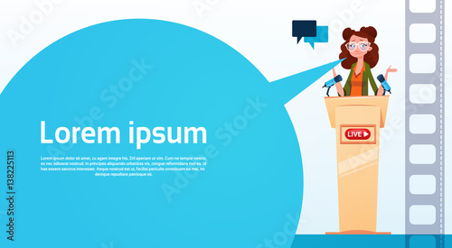 Woman Video Blogger Online Stream Blogging Subscribe Concept Flat Vector Illustration