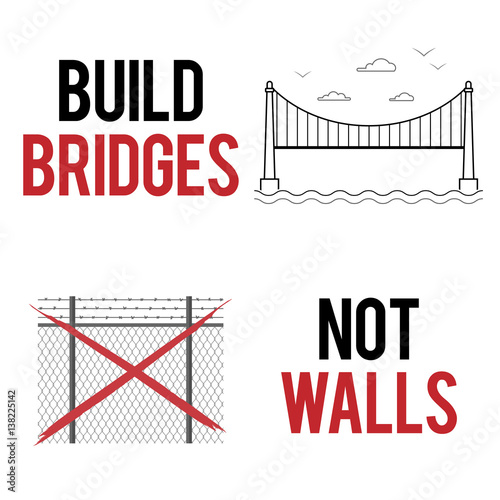 Build bridges not walls text. Creative modern poster, flyer template for march, demonstration against anti-immigration policies. Social issues on refugees or illegal immigrants