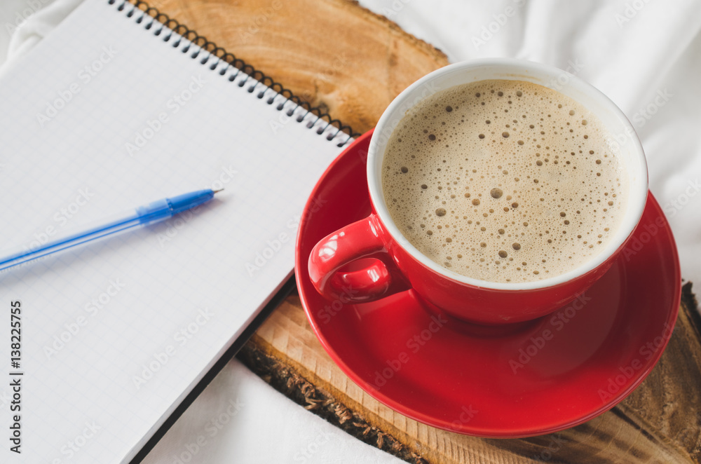 Breakfast in Bed and Empty Notebook for Note. Breakfast in Bed and Empty Notebook for Note.
