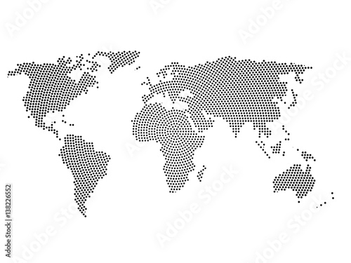 Black halftone world map of small dots in radial arrangement. Simple flat vector illustration on white background.