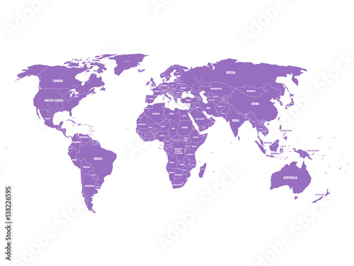 Violet political World map with country borders and white state name labels. Hand drawn simplified vector illustration.