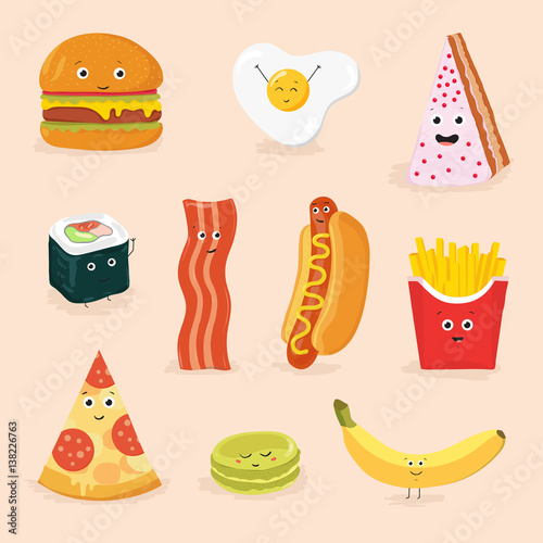 funny food cartoon characters isolated vector illustration. face icon pizza, cake, scrambled eggs, bacon, banana, burger, hot dog, roll, french fries.
