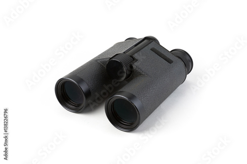 Black binoculars isolated on white background. Focus stacking. Extreme depth of field.