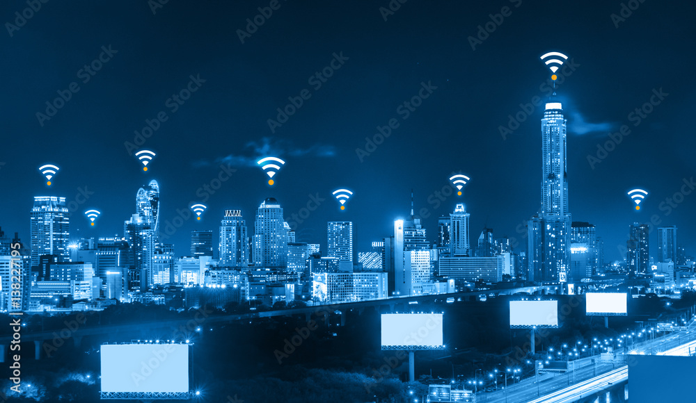Blue tone city scape and network connection concept