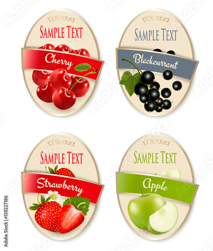 Set of labels of berries and fruit. Strawberry, blackcurrant, cherry, apple. Vector.